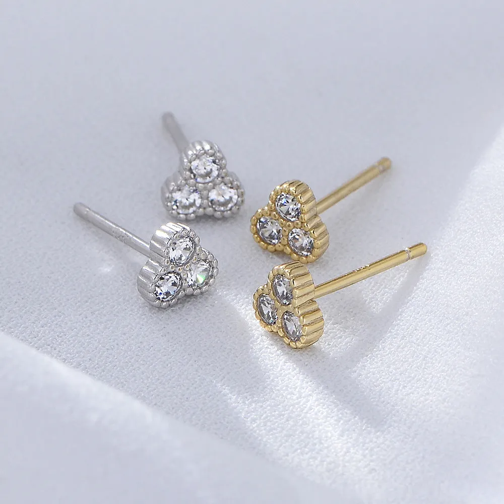 Mini Three Zircons Silver Studs Earrings for Women