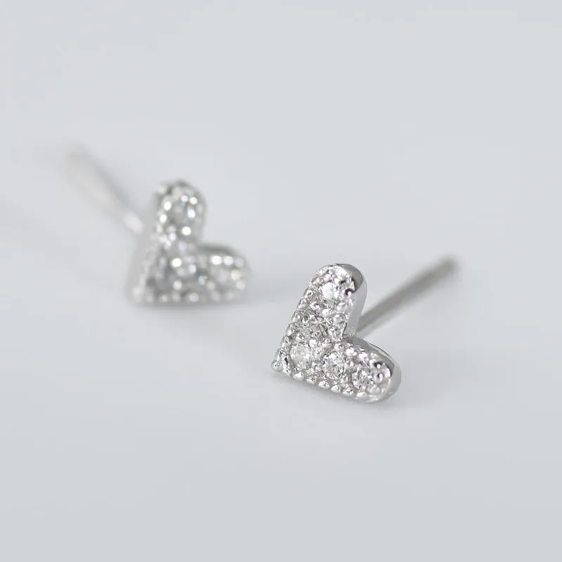 Mini Zircon Heart Silver Studs Earrings for Women