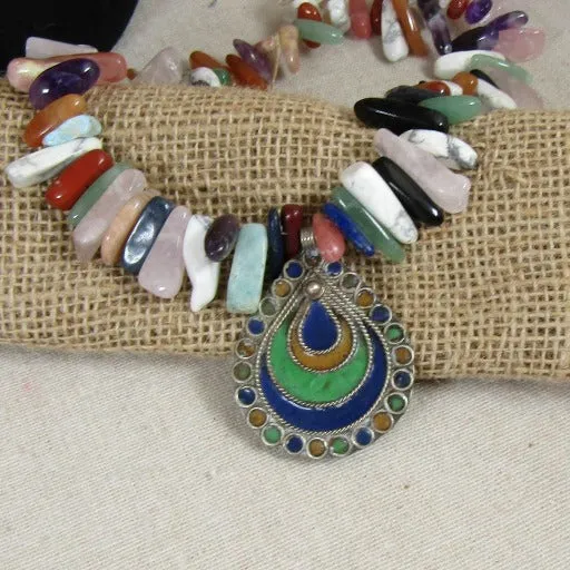 Mixed Gemstone Tusk - Statement Pendant Necklace