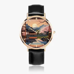 Montre à Quartz avec bracelet en cuir ultra-fin (or rose avec indicateurs) "Paysage japonais" (164)