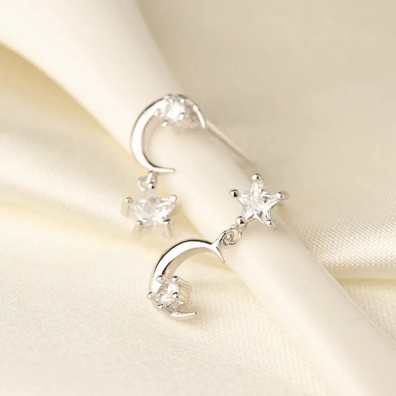 Moon Star Asymmetric Silver Drop Earrings for Women