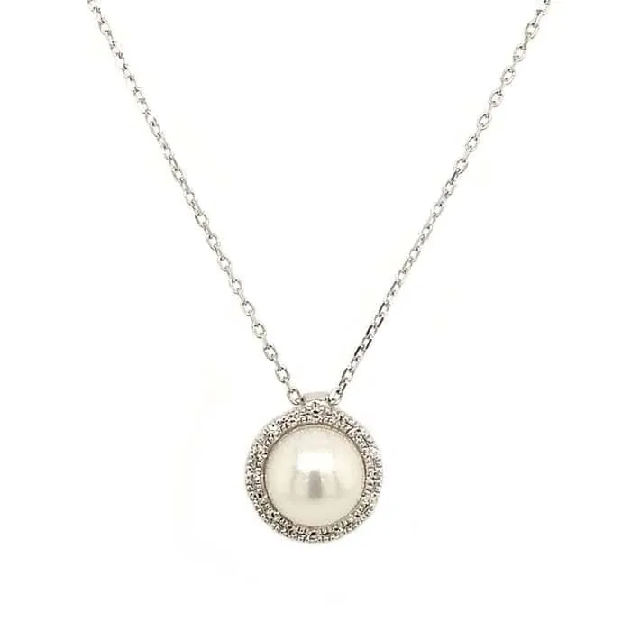 Mountz Collection Cultured Pearl Pendant with Pavé Diamond Halo in 14K White Gold