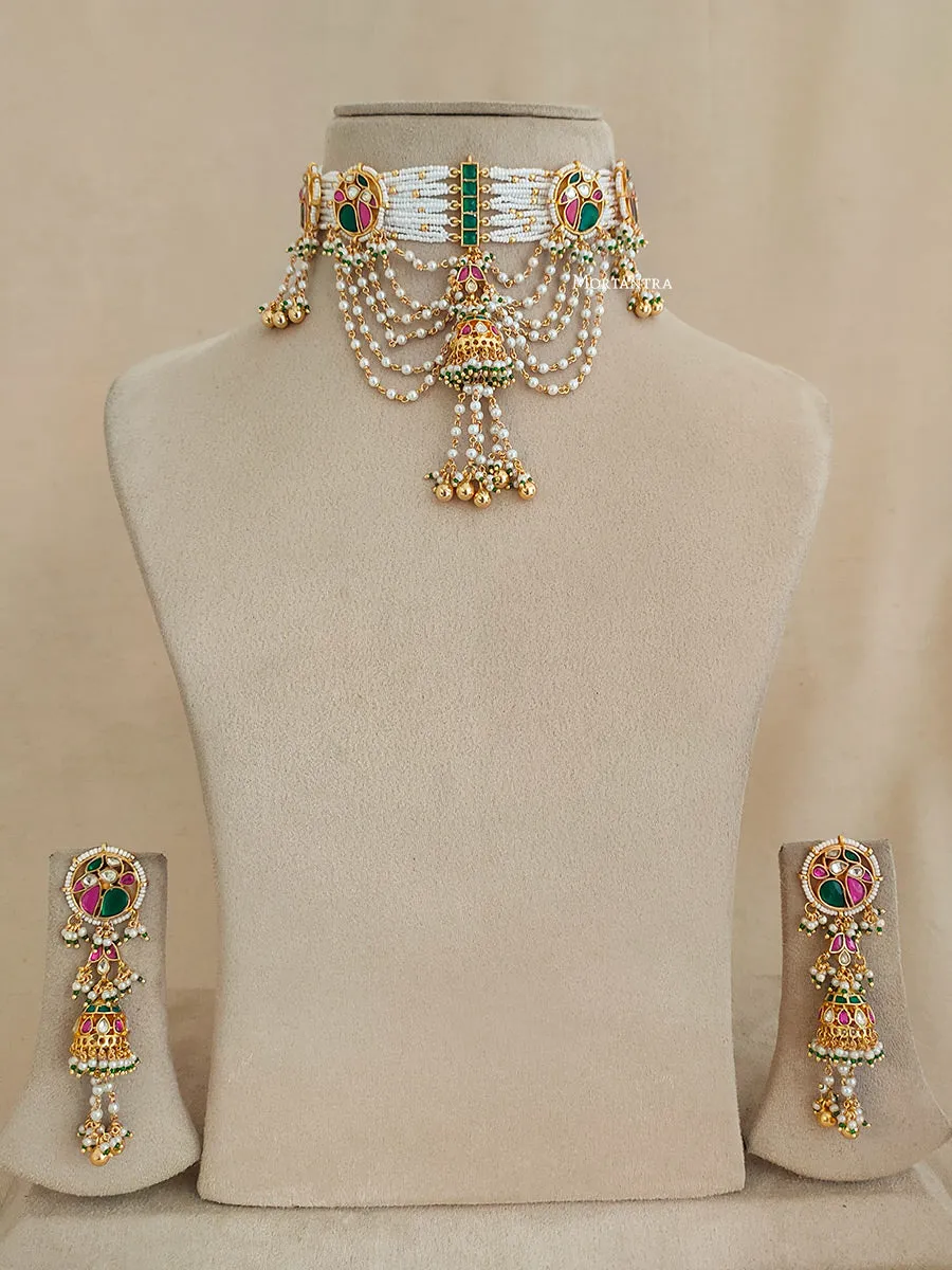 Multicolor Gold Plated Jadau Kundan Necklace Set - MS1944M