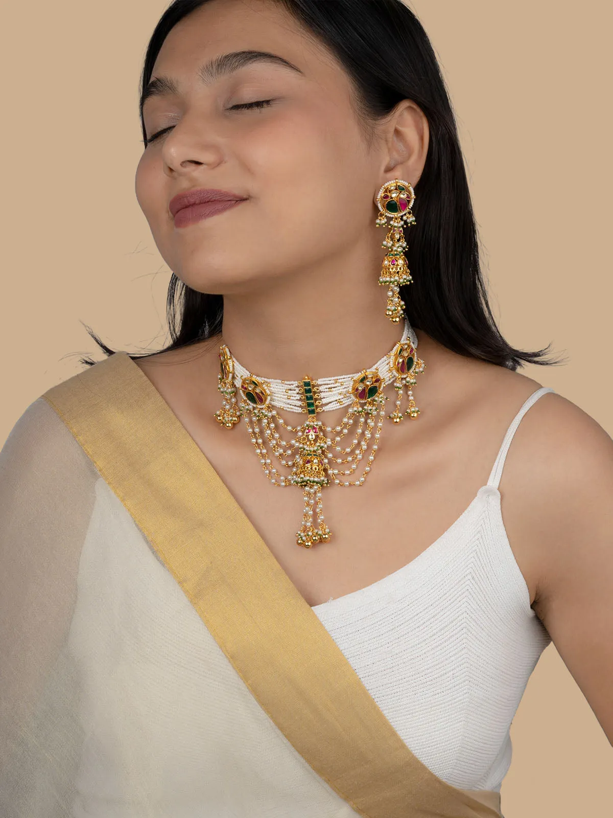 Multicolor Gold Plated Jadau Kundan Necklace Set - MS1944M