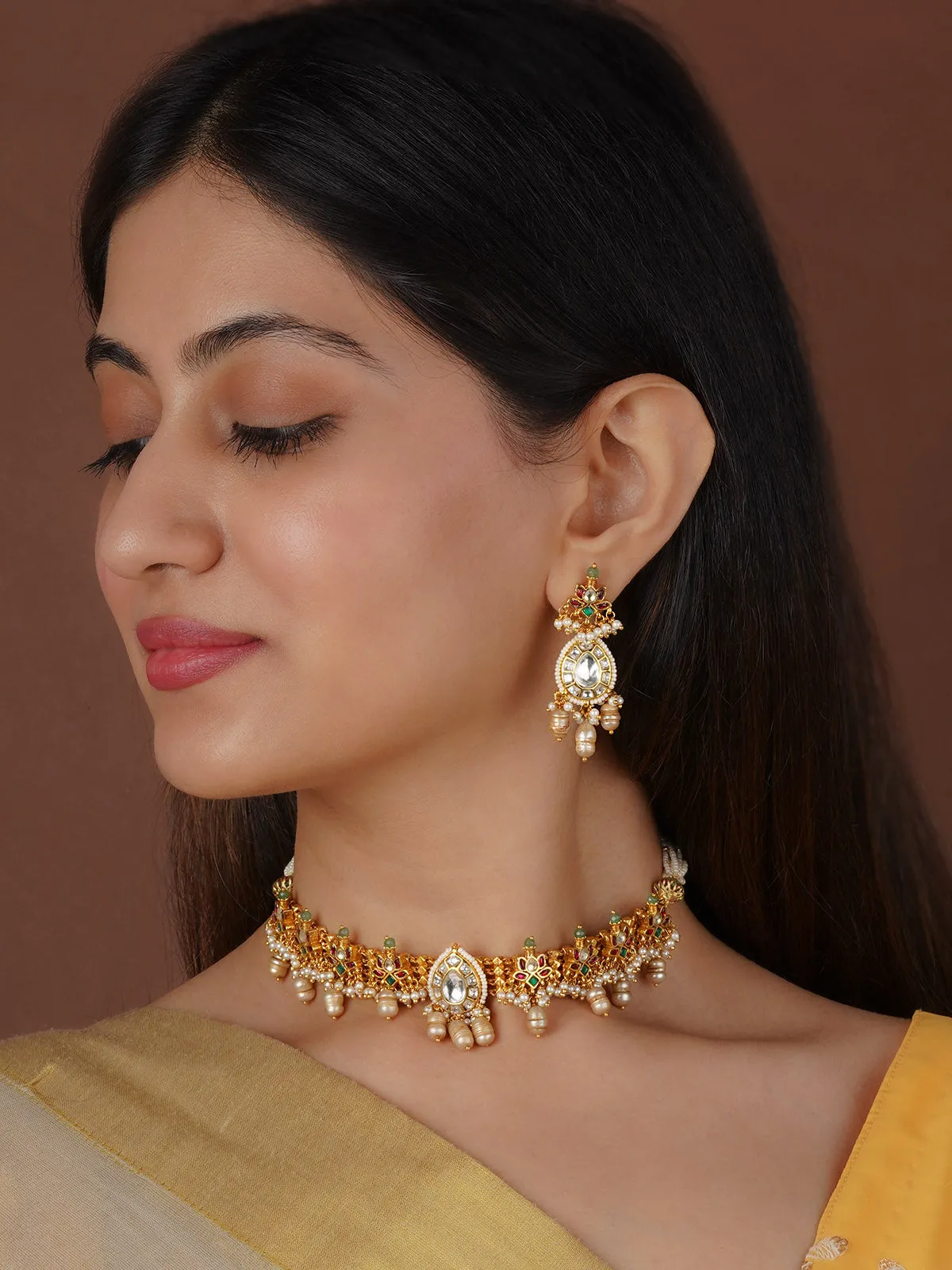 Multicolor Gold Plated Jadau Kundan Necklace Set - MS2342M