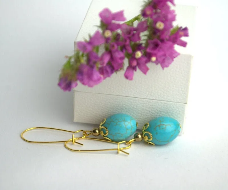 Natural blue turquoise howlite earrings Gemstone earrings Blue stone boho earrings Personalized gifts for her Christmas gift present idea