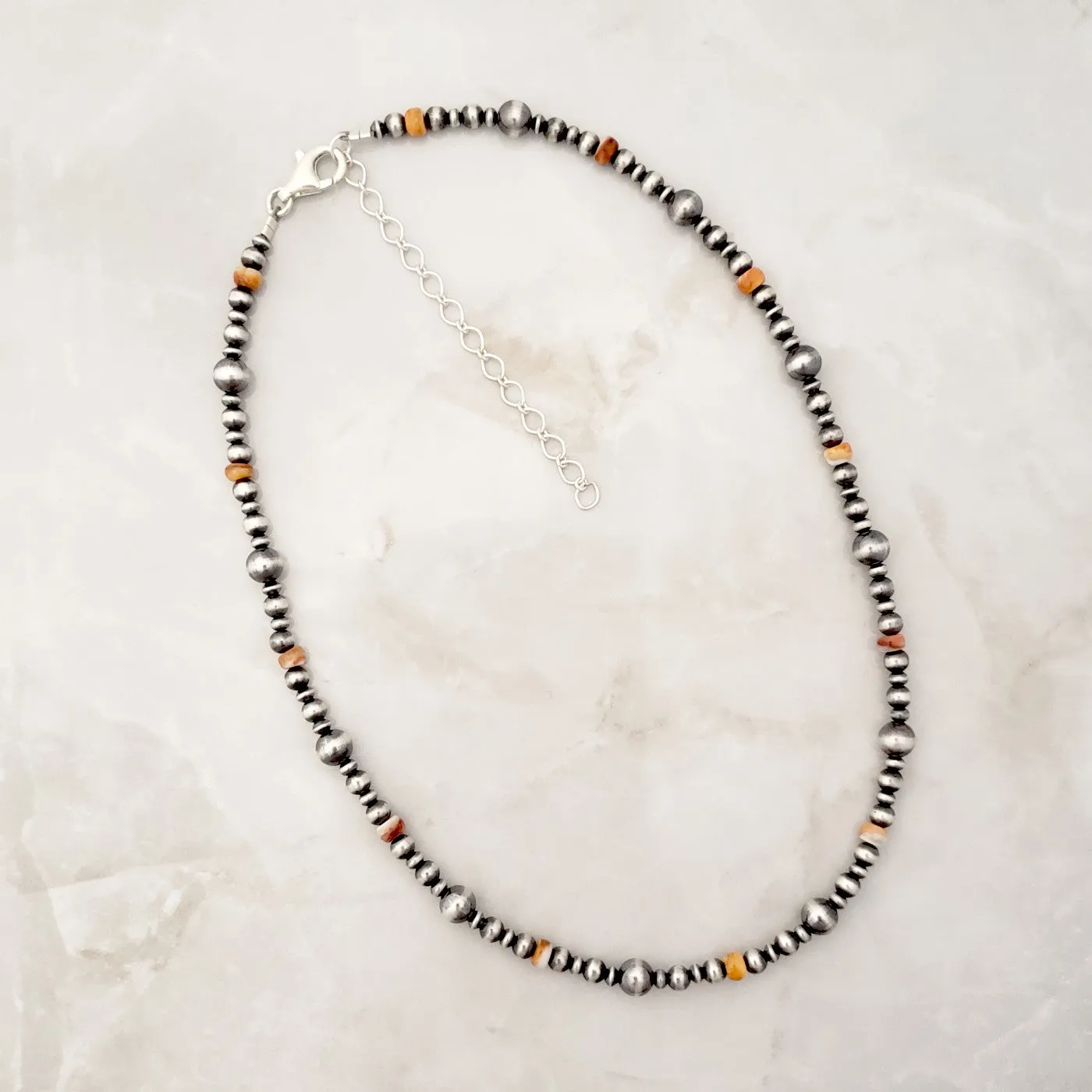 Navajo Pearls & Orange Spiny Oyster Mixed Bead Necklace Sterling Silver