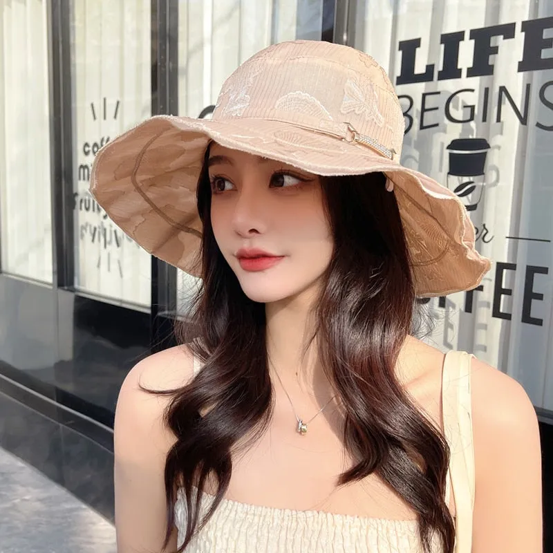 New Women's Summer Hat Fashion Silver Buckle Flower Print Design Sun Hat Travel Beach Bucket Hat