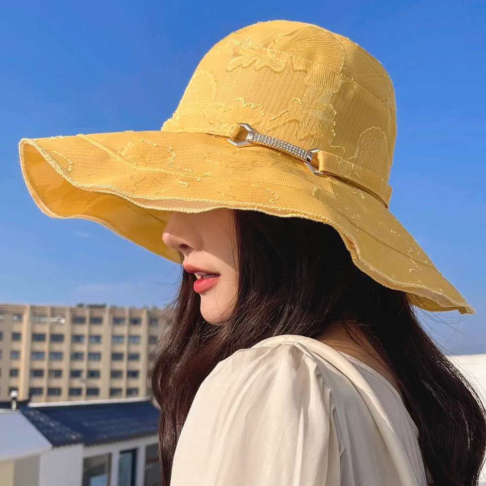 New Women's Summer Hat Fashion Silver Buckle Flower Print Design Sun Hat Travel Beach Bucket Hat