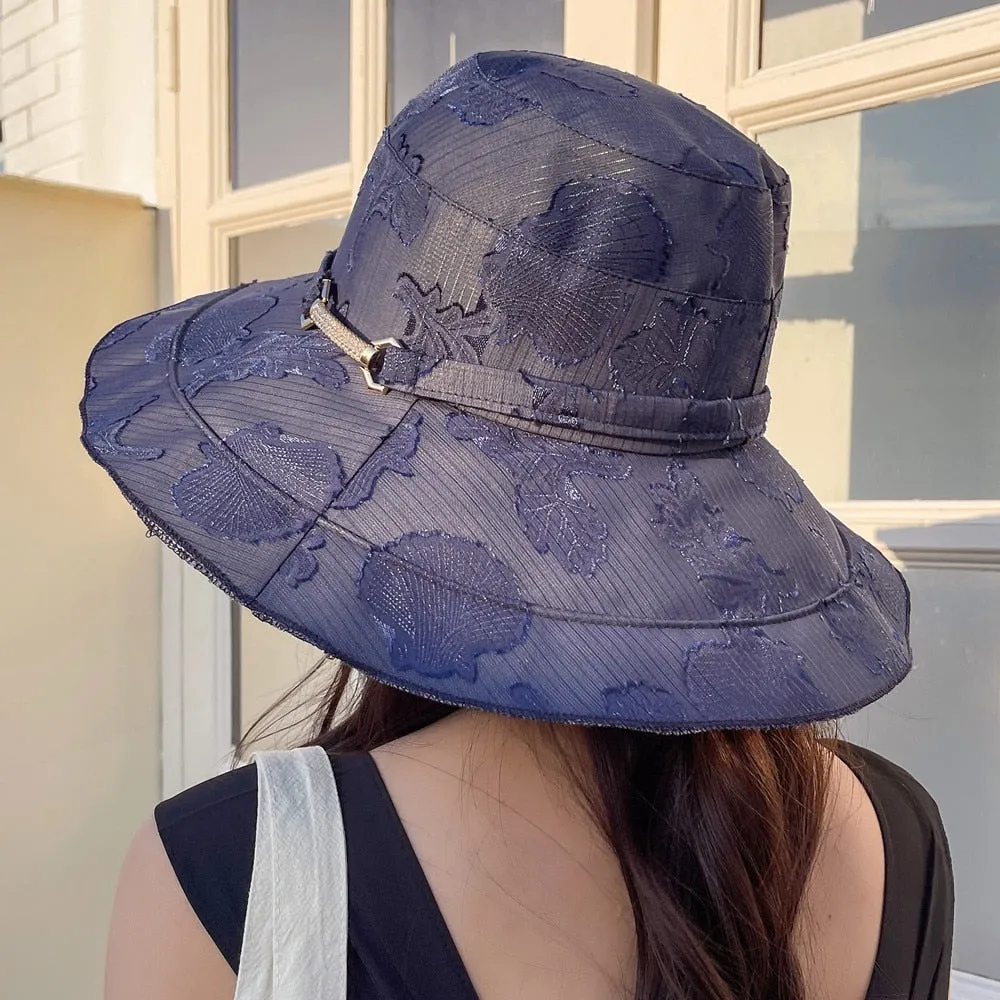 New Women's Summer Hat Fashion Silver Buckle Flower Print Design Sun Hat Travel Beach Bucket Hat