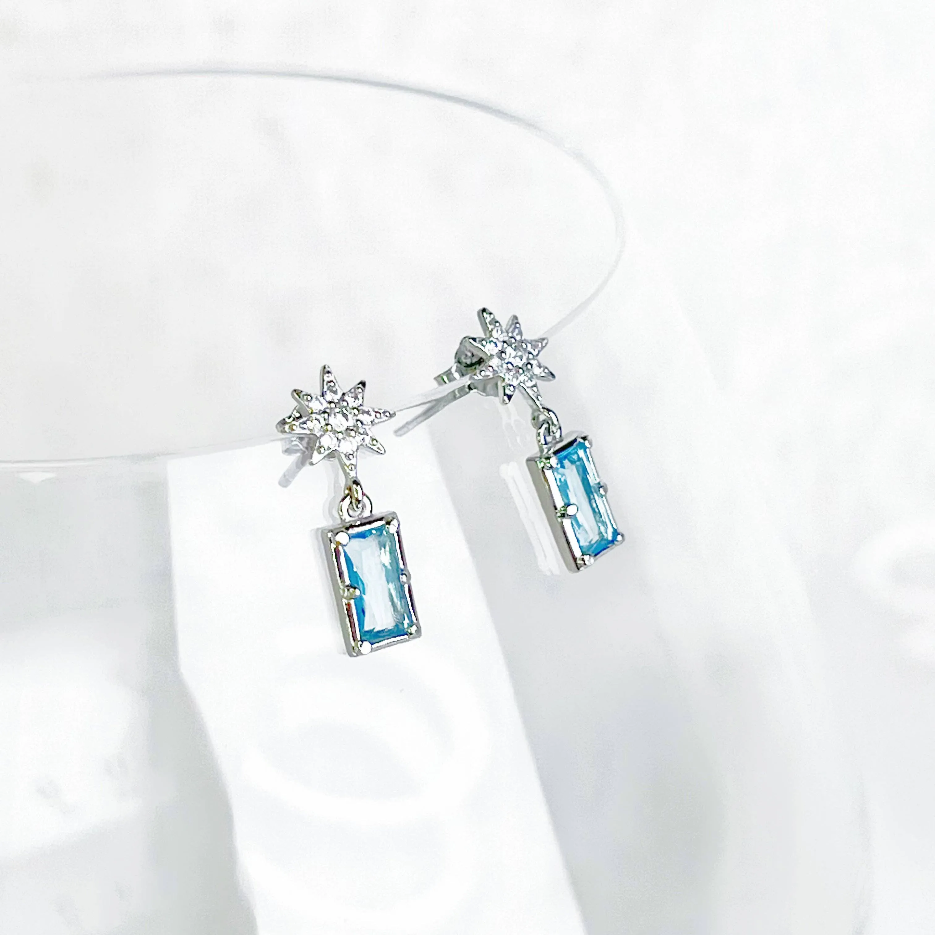 Ninaouity Silver Pole Star and Blue Square Crystal Earrings