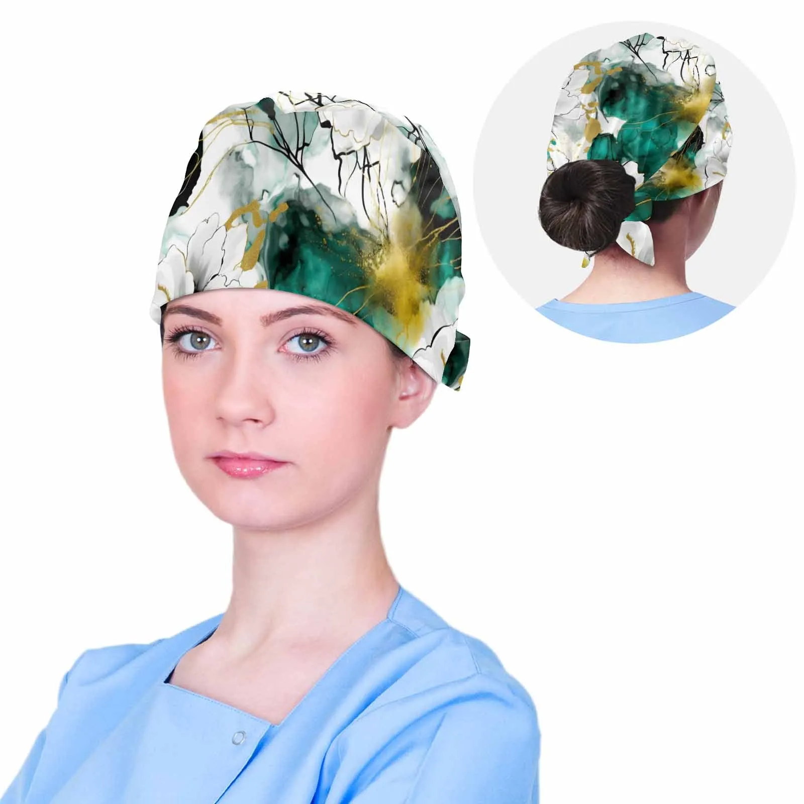 Nurse Scrub Cap Alcohol Ink Green and Gold Floral  Scrub Cap