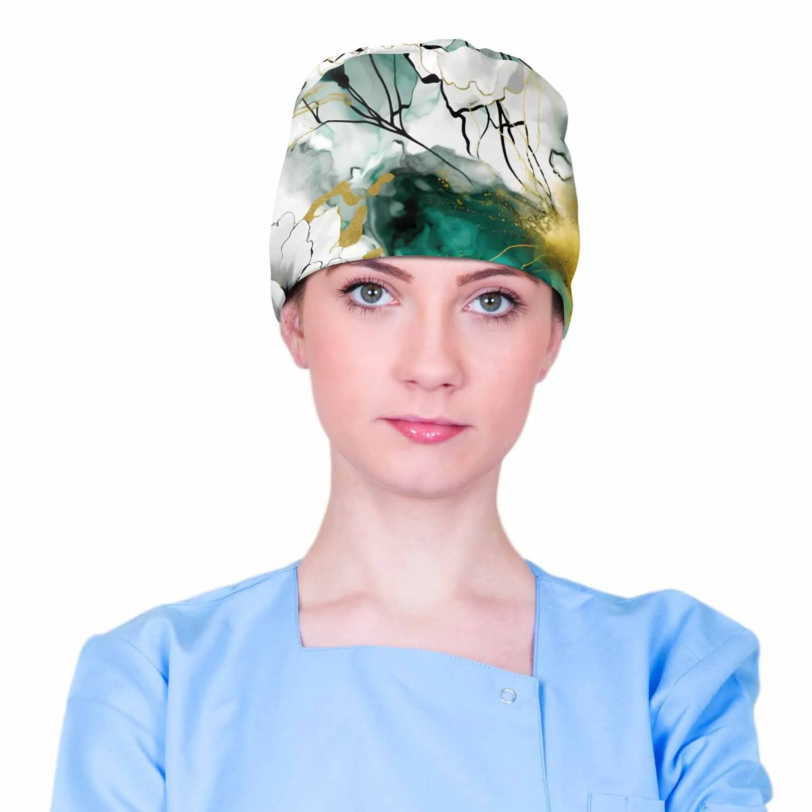 Nurse Scrub Cap Alcohol Ink Green and Gold Floral  Scrub Cap