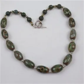 Olive Green & Tan Tibetan Agate Necklace Unisex