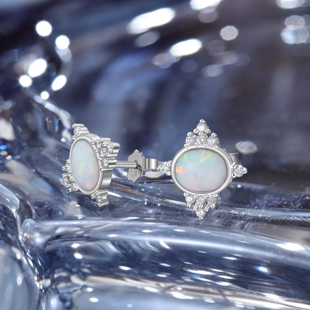 Oval Opal Small Zircon Sterling Silver Stud Earrings