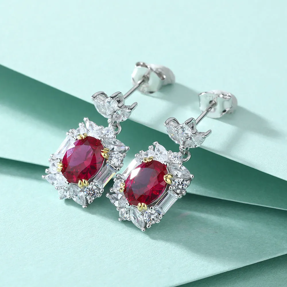 Oval Red Zircon Rectangle Silver Drop Earrings for Women