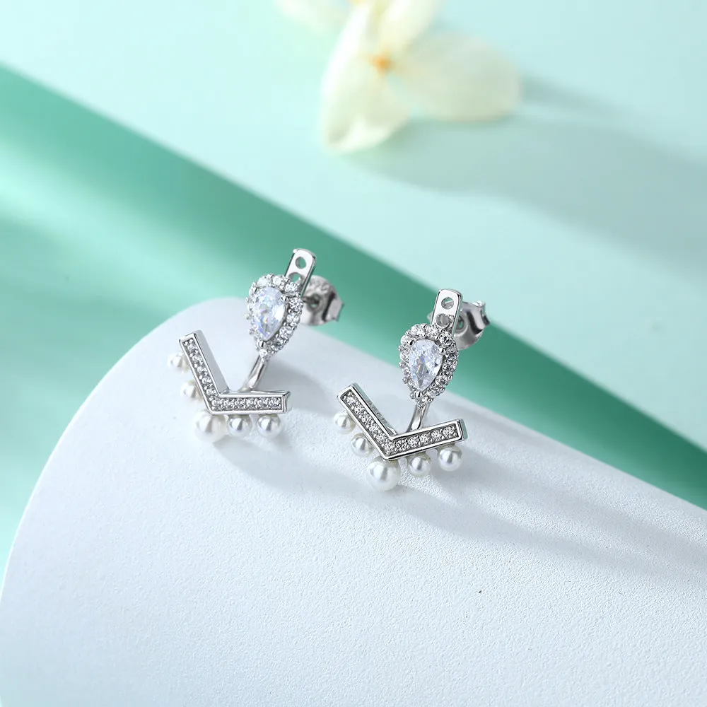 Pear Drop Zircon Tassel Pearl V-shaped Silver Drop Earrings for Women