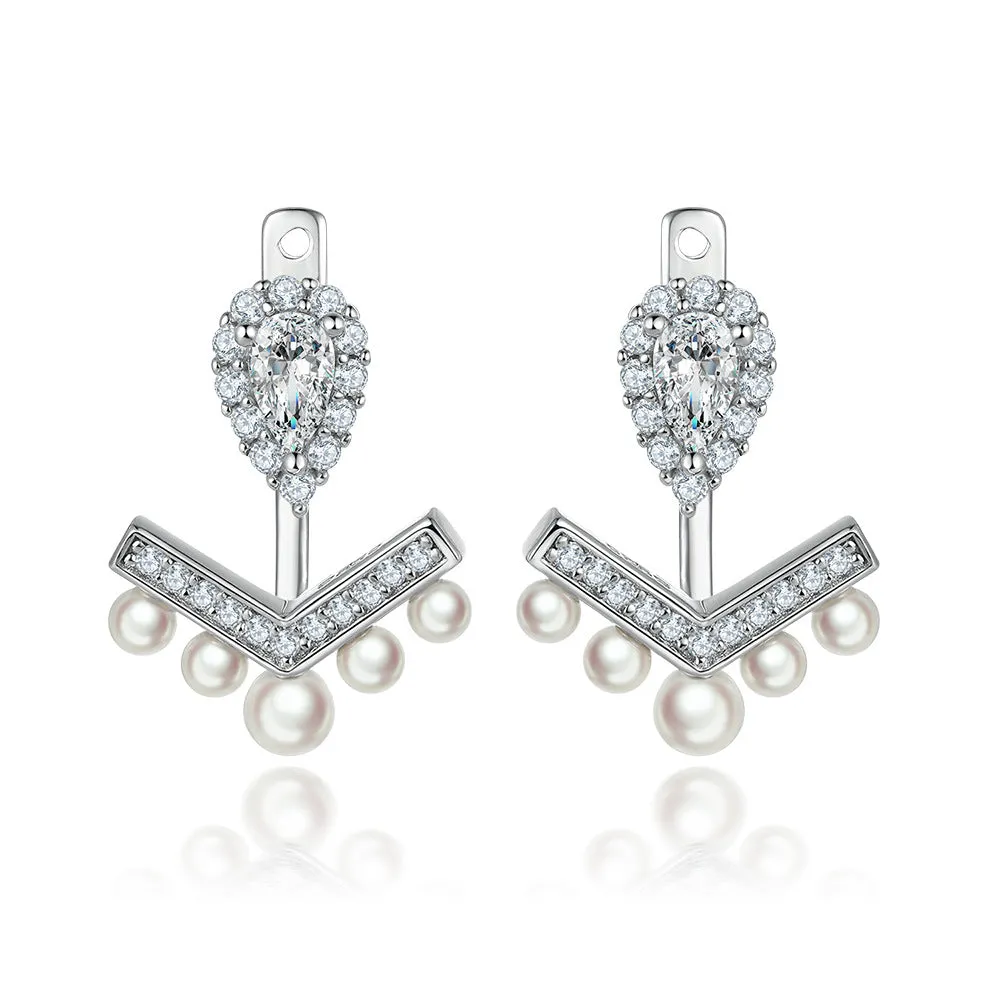 Pear Drop Zircon Tassel Pearl V-shaped Silver Drop Earrings for Women