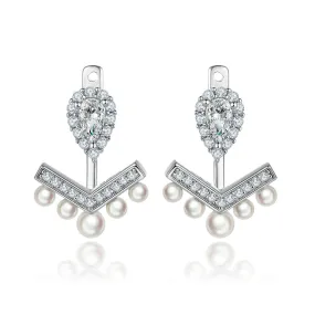 Pear Drop Zircon Tassel Pearl V-shaped Silver Drop Earrings for Women