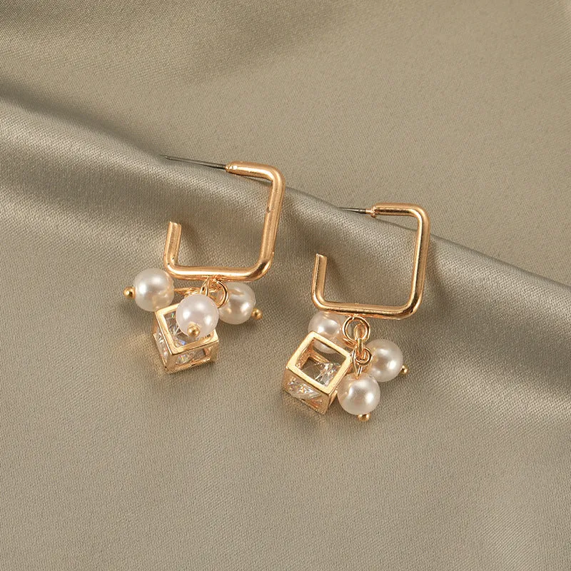 Pearl Cube Crystal Zircon Earrings