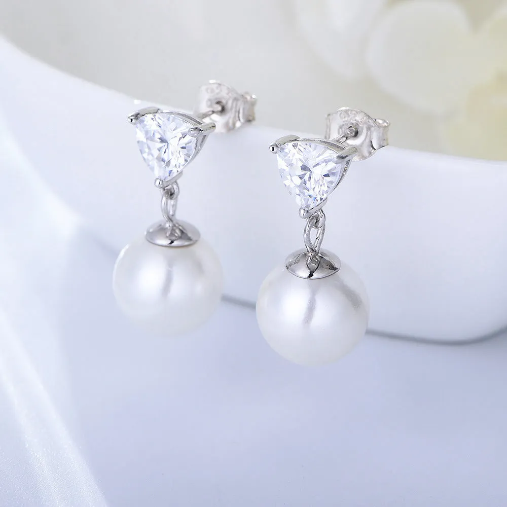 Pearl with Triangle Zircon Silver Drop Earrings for Women