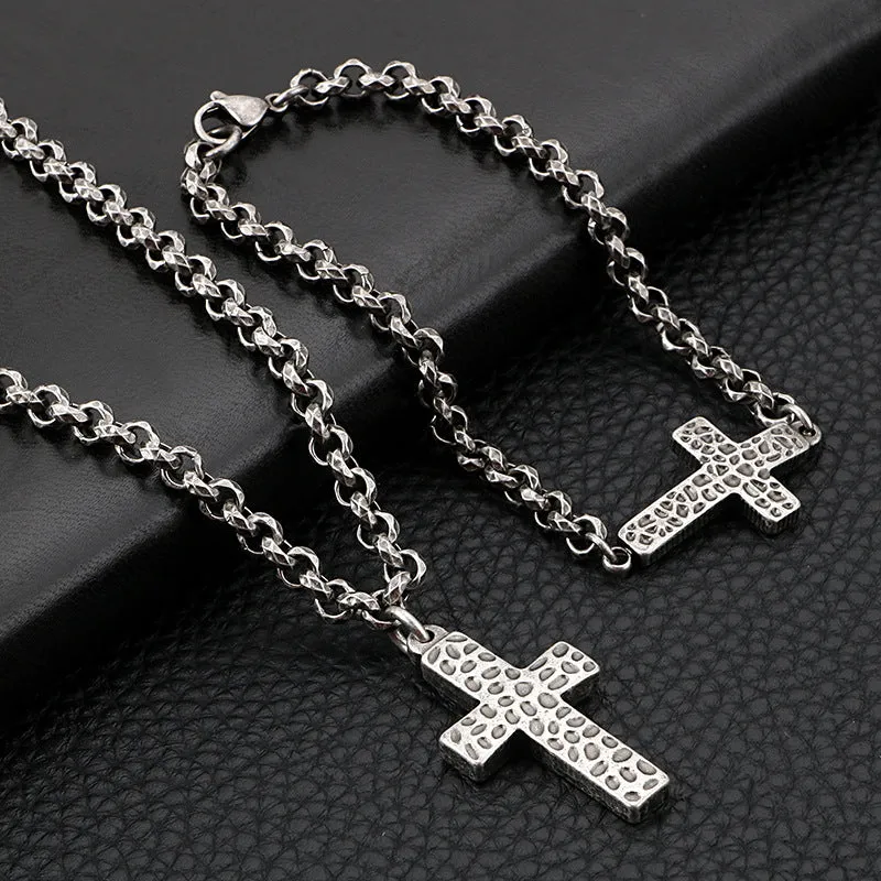 Personalized Retro Stainless Steel Cross Necklace and Men's Titanium Bracelet Collection