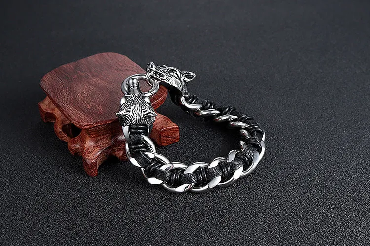 Planderful Everyday Genie Double Wolf Head Men's Bracelet in Titanium Steel