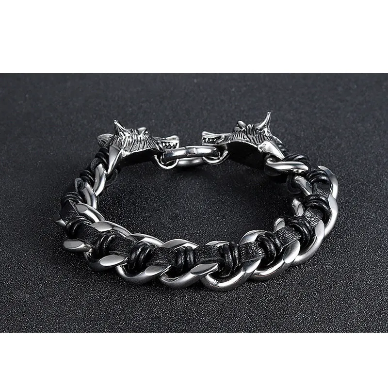 Planderful Everyday Genie Double Wolf Head Men's Bracelet in Titanium Steel