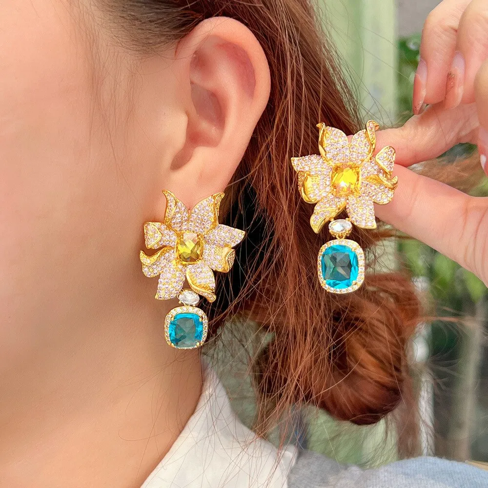 Popular Korean Fashion Cubic Zircon Flower Earrings Wedding Earrings  Women Girls Party Jewelry Accessories  E0591