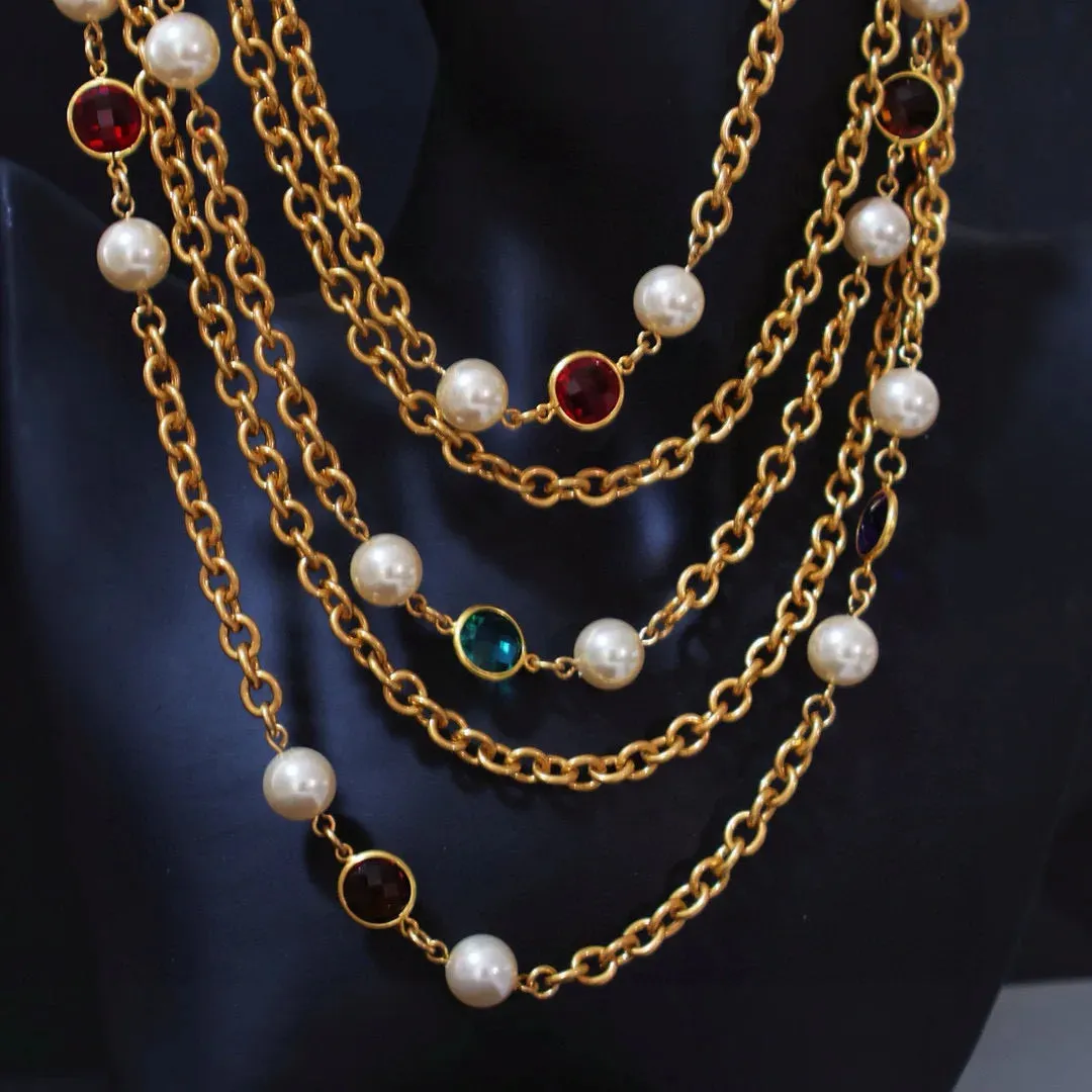 Pre Order:  Retro Plain Gold Multi-Layer Crystal Glass Pearl Necklace