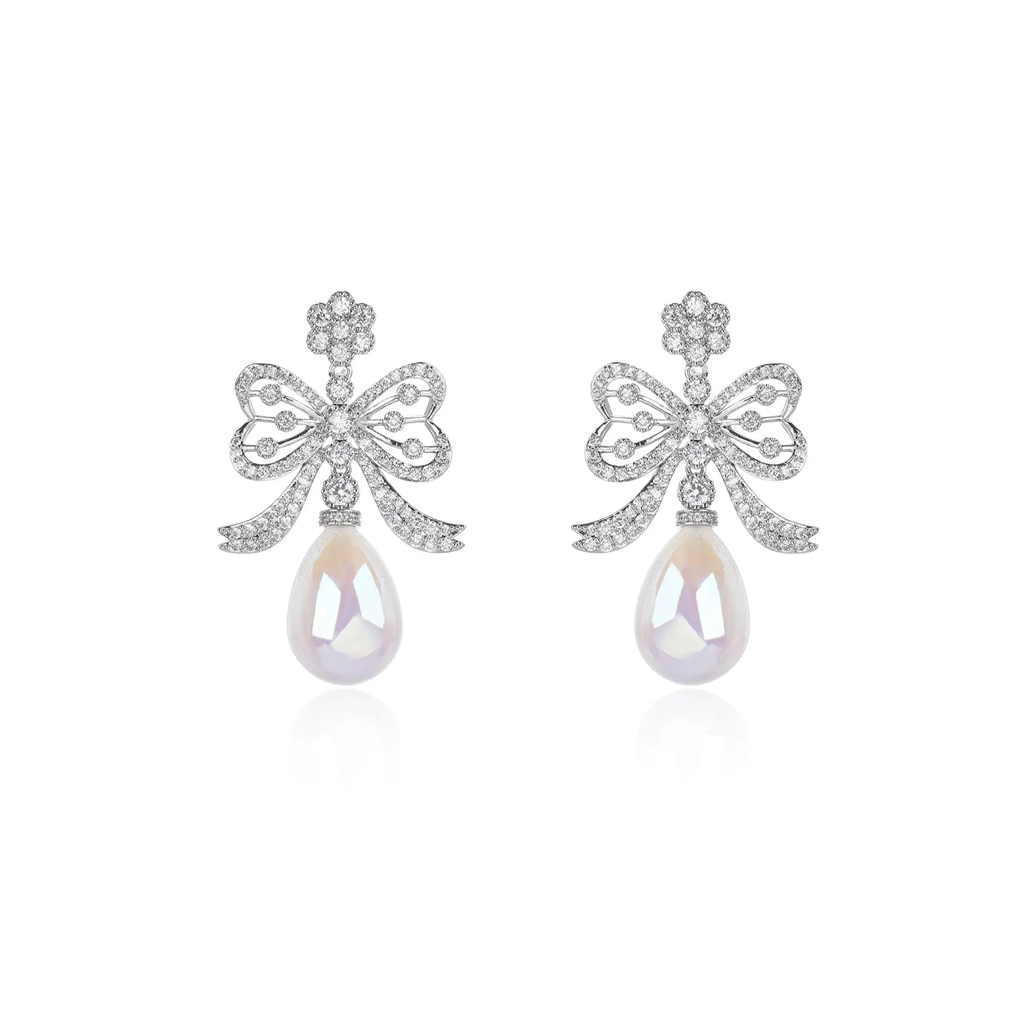 Pretty Cubic Zirconia Bow-knot Dangle Earring for Wedding, Pearl Prom Dangle Jewelry for Women and Bride CE11873