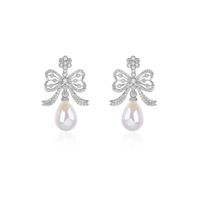 Pretty Cubic Zirconia Bow-knot Dangle Earring for Wedding, Pearl Prom Dangle Jewelry for Women and Bride CE11873