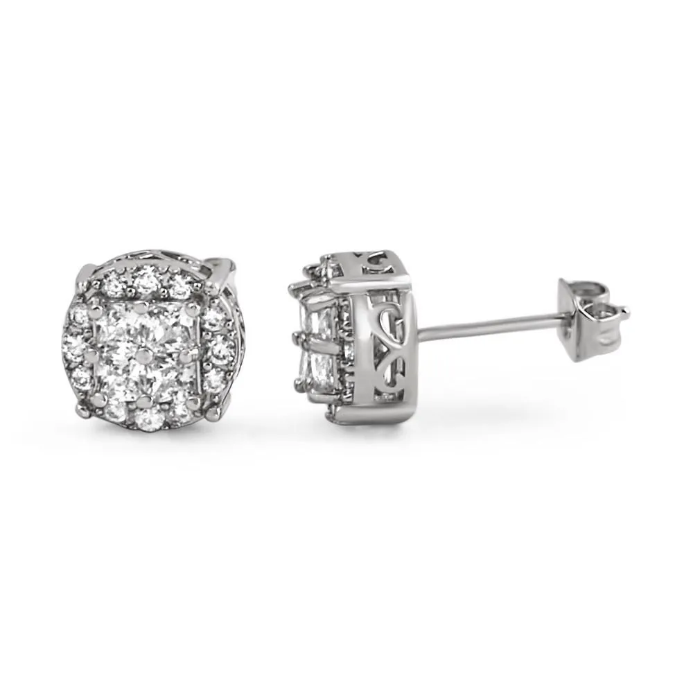 Princess Cut Round Cluster Rhodium CZ Hip Hop Earrings