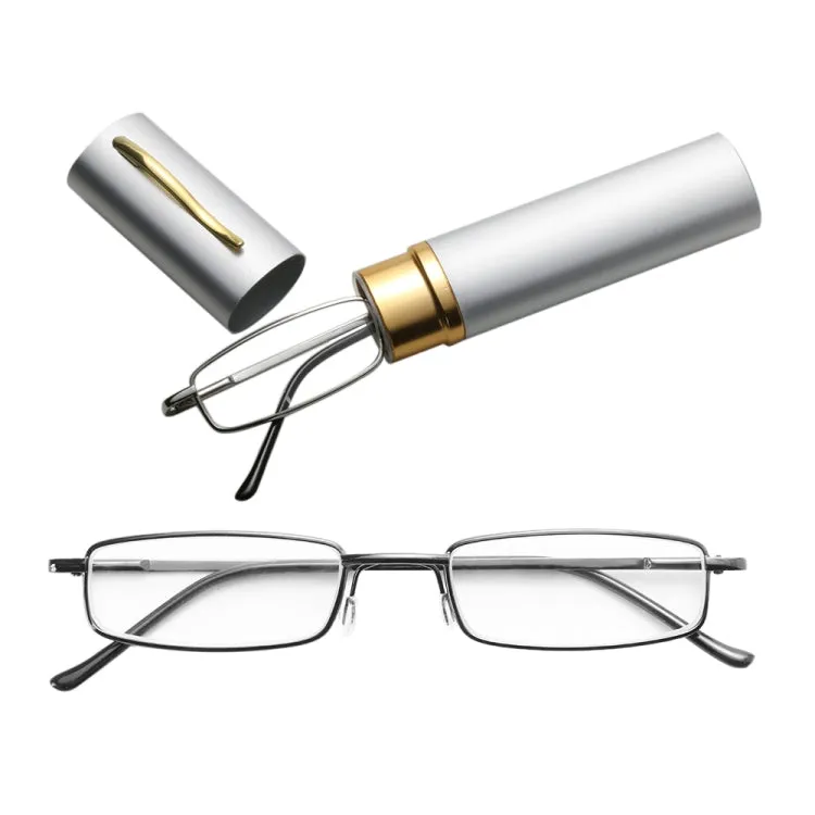 Reading Glasses Metal Spring Foot Portable Presbyopic Glasses with Tube Case  2.00D(Silver Gray)