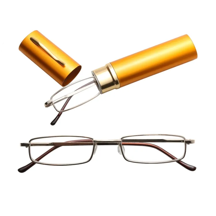 Reading Glasses Metal Spring Foot Portable Presbyopic Glasses with Tube Case  3.00D(Yellow)