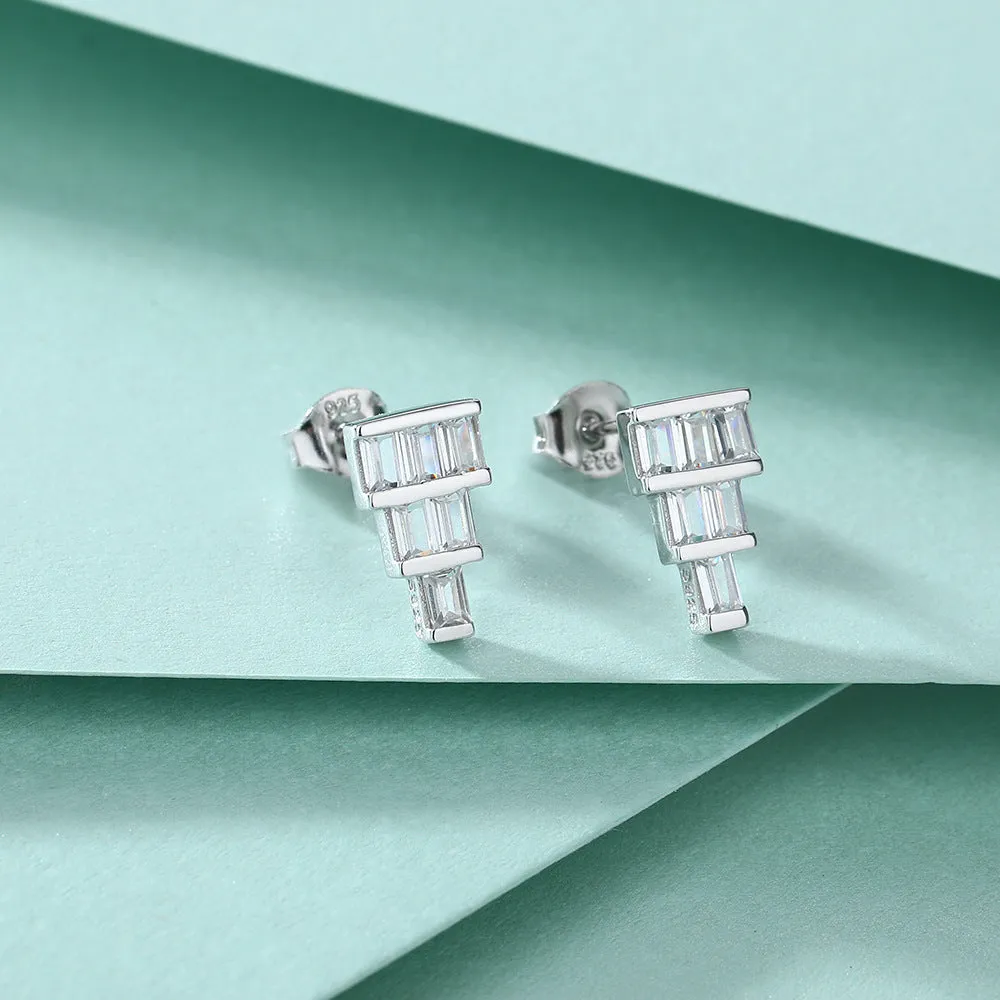 Rectangle Zircon Cake Shape Silver Studs Earrings for Women