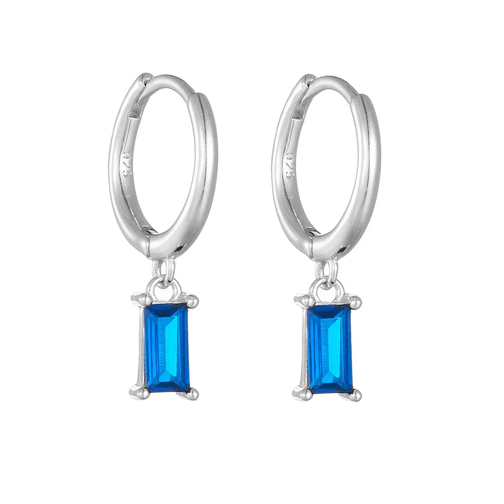 Rectangular Blue Zircon Pendant Sterling Silver Hoop Earrings