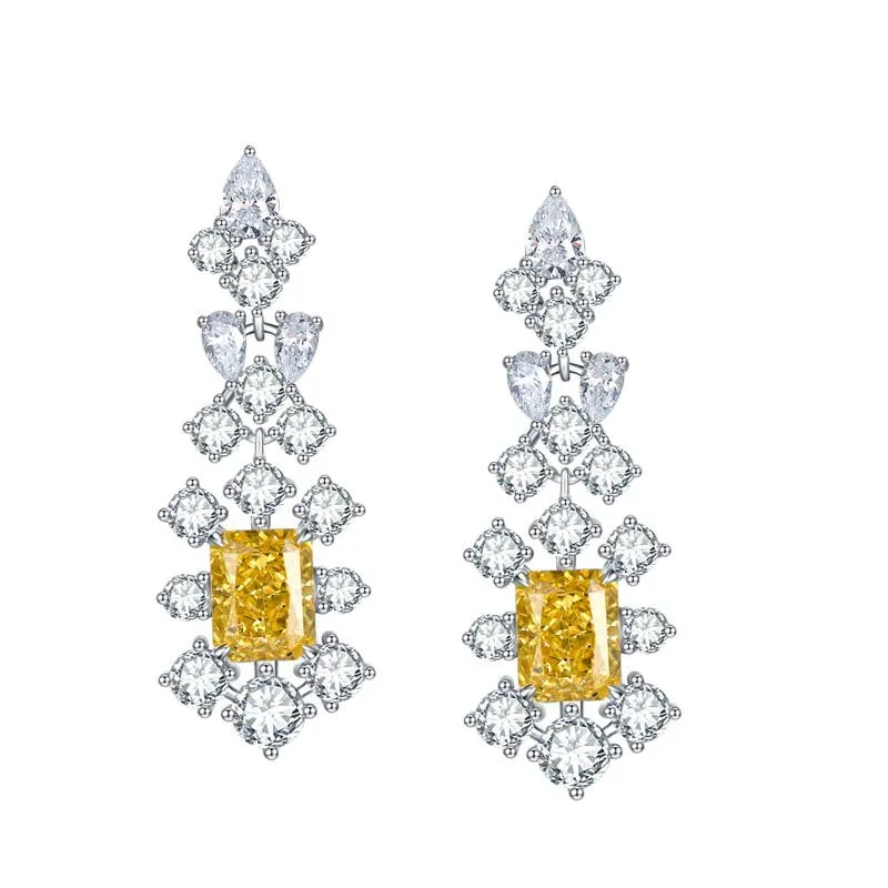 Rectangular Yellow Zircon Flower Tassel Drop Earrings