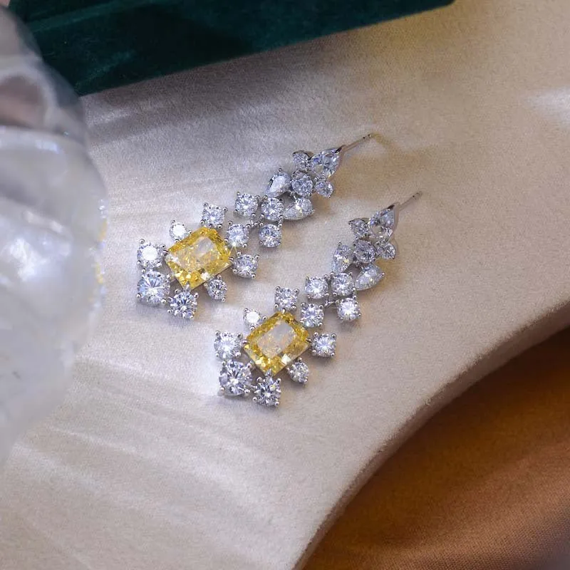 Rectangular Yellow Zircon Flower Tassel Drop Earrings