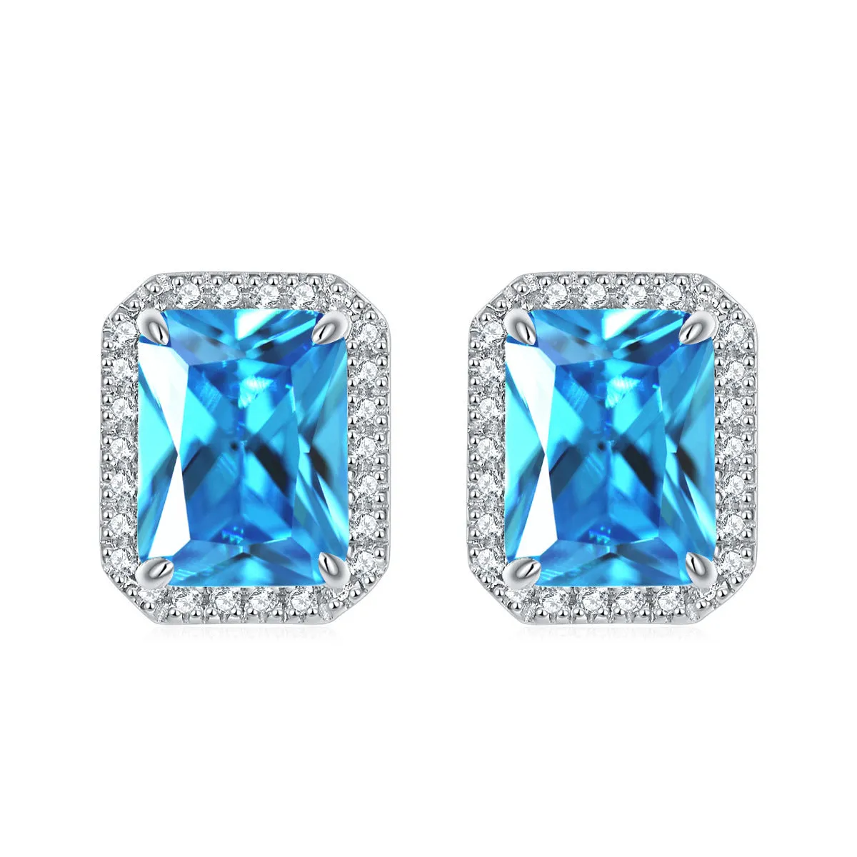 Rectangular Zircon Solesta Halo Silver Studs Earrings for Women