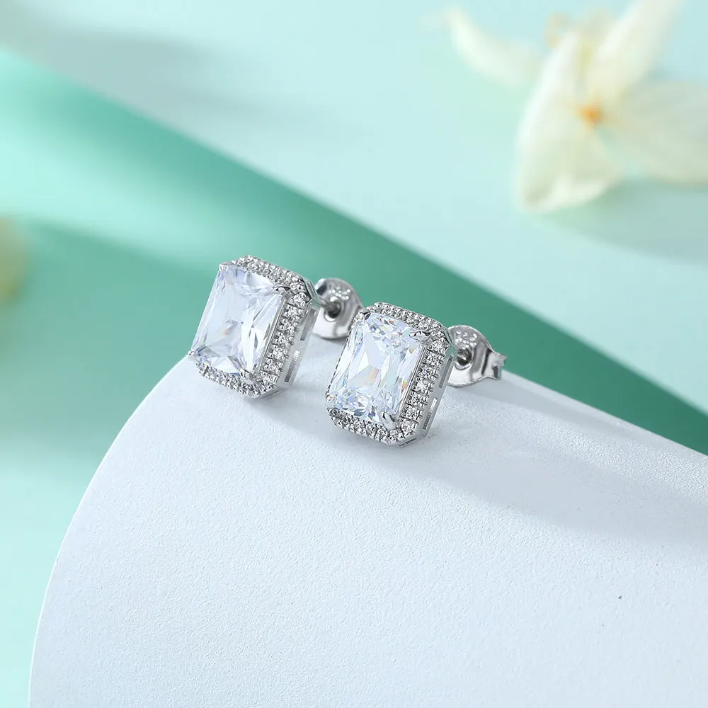 Rectangular Zircon Solesta Halo Silver Studs Earrings for Women