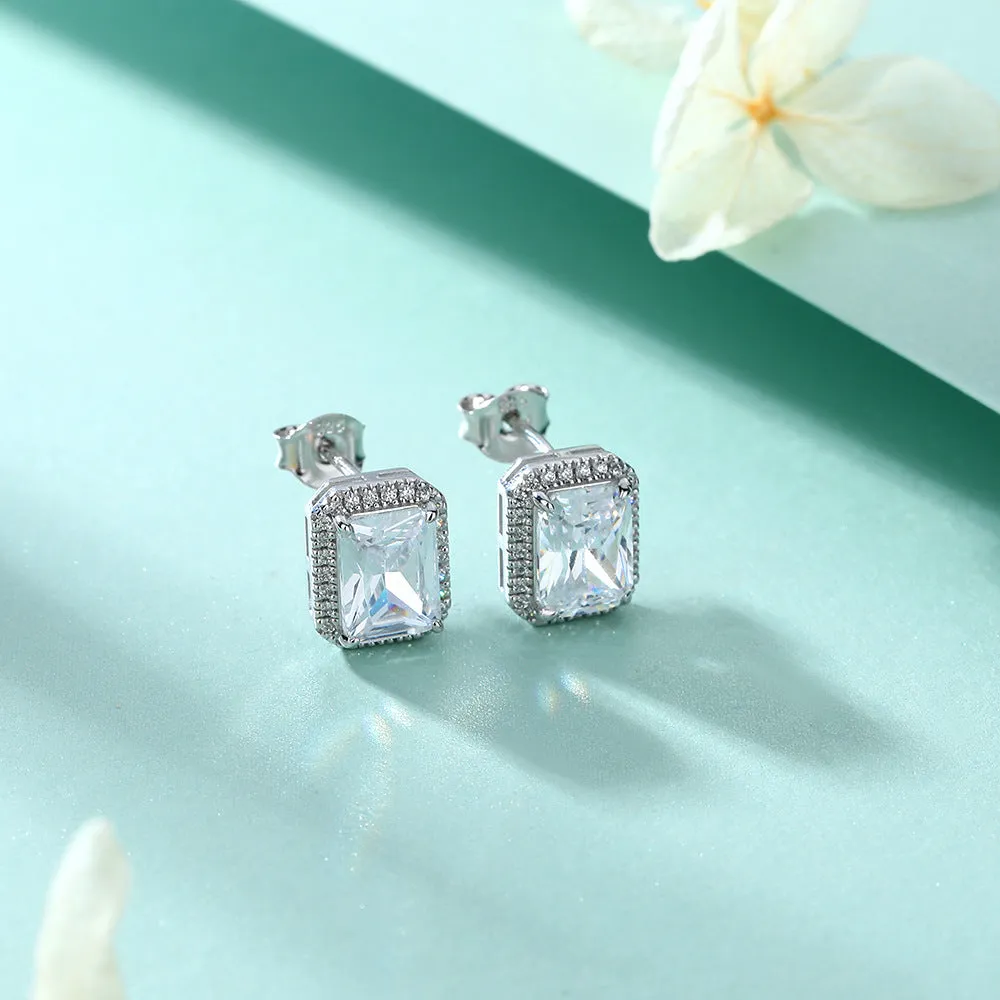 Rectangular Zircon Solesta Halo Silver Studs Earrings for Women