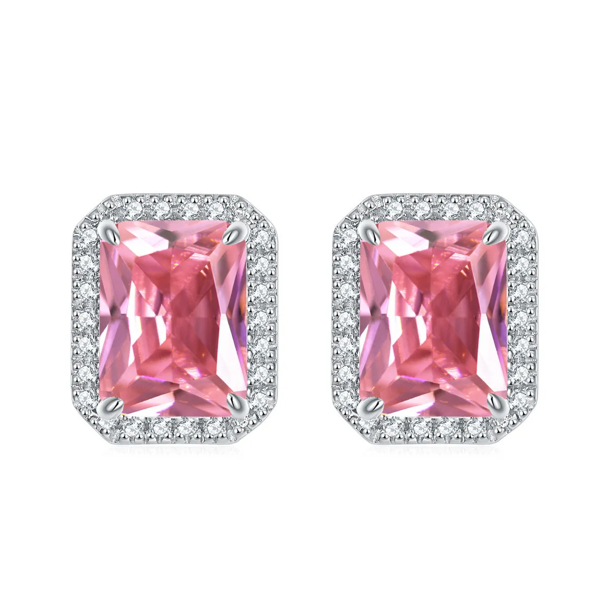 Rectangular Zircon Solesta Halo Silver Studs Earrings for Women