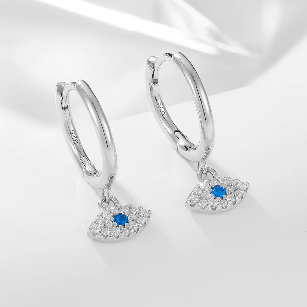 Retro Devil's Eye Blue Zircon Sterling Silver Hoop Earrings