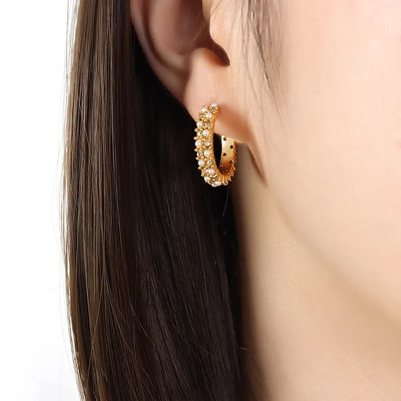 Retro Style Zircon and Pearl Earrings in Titanium Steel with Gold Plating