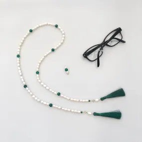 Return to Origin Beaded Pearl Lariat Necklace Set with Green Tassels