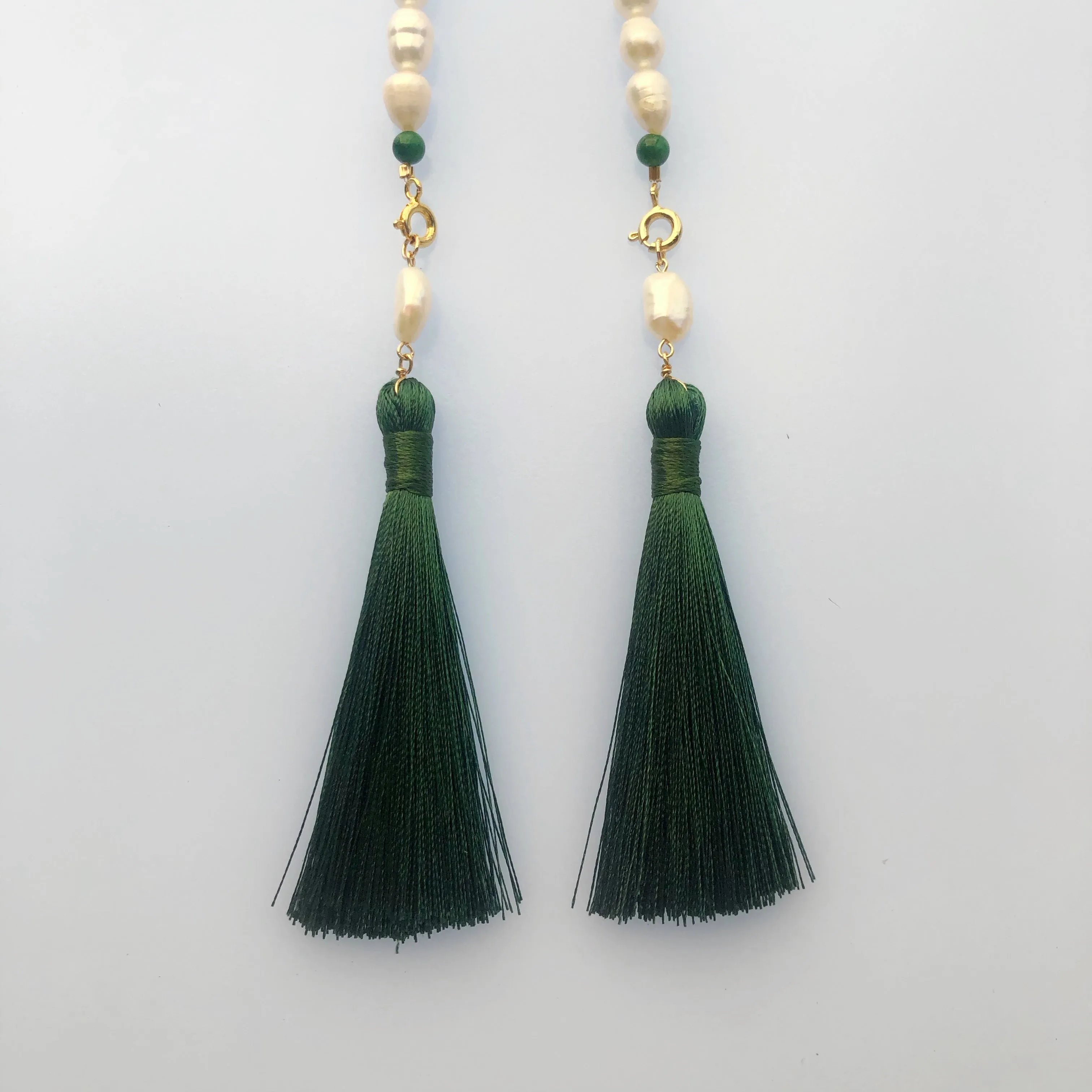 Return to Origin Beaded Pearl Lariat Necklace Set with Green Tassels