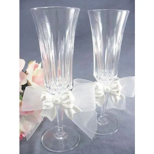 Rhinestone Pearlized Bow Wedding Toasting Glasses