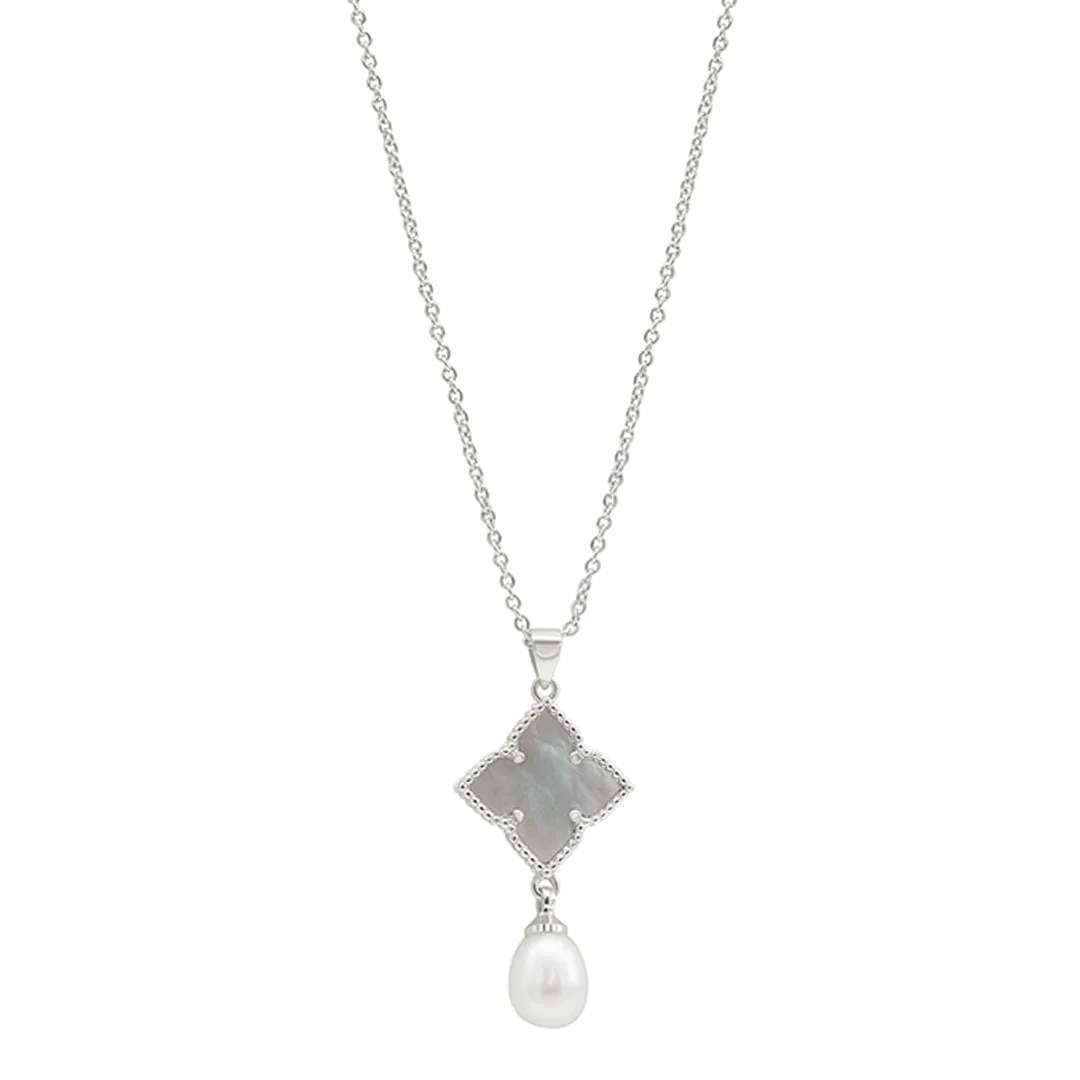 Rhodium Plated White Mother-of-Pearl Flower With Freshwater Pearl Drop Necklace