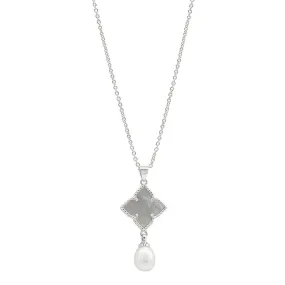 Rhodium Plated White Mother-of-Pearl Flower With Freshwater Pearl Drop Necklace